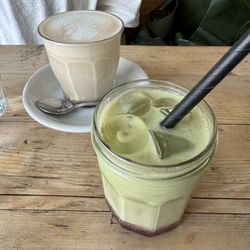 Vanilla chai latte and blueberry matcha latte