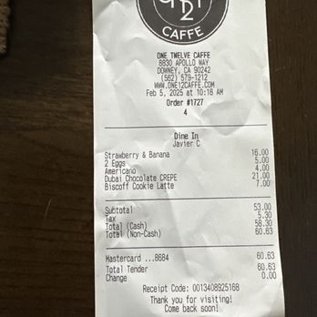 One Twelve Caffe - The crepes I ordered and the receipt - Coffee & Tea Near Me - Downey, California