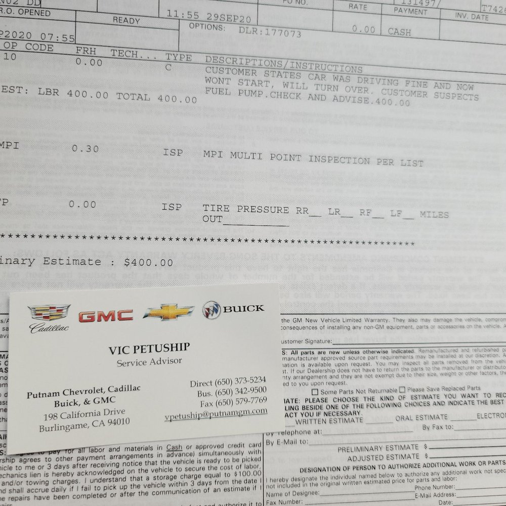 Putnam GMC - Diagnostic receipt with business card of who checked me in - Auto Repair Near Me - Burlingame, California Putnam GMC - Diagnostic receipt with business card of who checked me in - Auto Repair Near Me - Burlingame, California