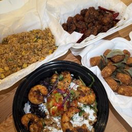 Blackened shrimp general chicken Thai basil fried rice popcorn taters Blackened shrimp general chicken Thai basil fried rice popcorn taters