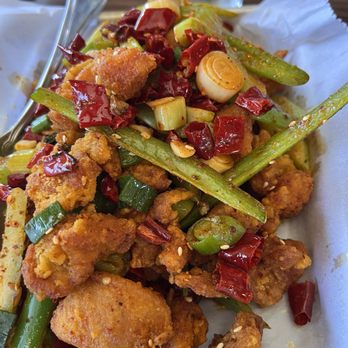 Sichuan Impression - Fried chicken on a bed of red hot peppers, but with added green chilies and green onion - Szechuan Near Me - Los Angeles, California Sichuan Impression - Fried chicken on a bed of red hot peppers, but with added green chilies and green onion - Szechuan Near Me - Los Angeles, California