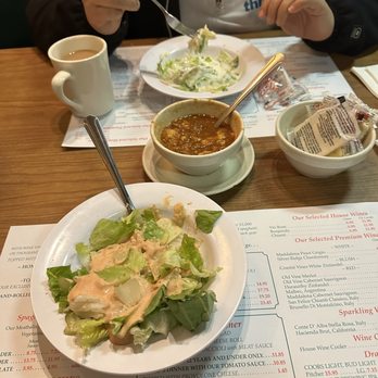 Vince's Spaghetti - Soup and salad is included in the famous Vince's dinner. - Italian Near Me - Ontario, California Vince's Spaghetti - Soup and salad is included in the famous Vince's dinner. - Italian Near Me - Ontario, California