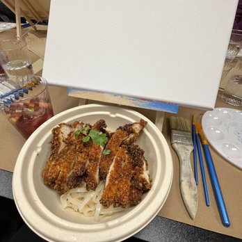 Rice Box Kitchen - Paint with a Queen. Food: fried chicken with noodles and sangria - Asian Fusion Near Me - Reno, Nevada