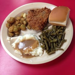 Pollard’s Restaurant - Lunch: Fried chicken, green beans, mashed potatoes, fried okra, and roll.