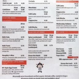 Menu - The menu from Kohi Time in Eugene, OR, displays sections for brewed coffee, espresso drinks, signature hot drinks, and espresso over ice, with prices for different sizes. It includes descriptions of each beverage, such as cold brew, cortado, macchiato, and cappuccino, along with signature drinks like Kō-J and Kōhi Cola. The menu also offers not coffee options like hot cocoa and steamed milk, with additional extras and shot options. It emphasizes organic, fairtrade ingredients and eco-friendly practices.
