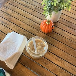 DoNo Cafe - Iced beehive latte (with oat milk) and the strawberry croissant.