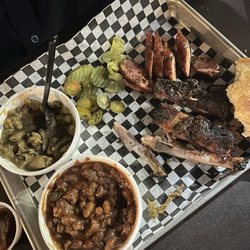 2 meat Sausage And Ribs  Beans and green beans   Yum!   * we already started eating before taking photo