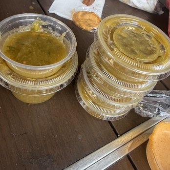 Brushfire Tacos Y Tapas - My tacos had hardly any eggs, but to compensate they gave all this salsas - Tacos Near Me - Glendale, Arizona