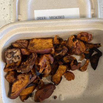 sweetgreen - Healthy Salads, Wraps, and Bowls - Side roasted sweet potatoes - burnt & even a piece of black tofu made in there. Disgusting. - Salad Near Me - Greenbrae, California sweetgreen - Healthy Salads, Wraps, and Bowls - Side roasted sweet potatoes - burnt & even a piece of black tofu made in there. Disgusting. - Salad Near Me - Greenbrae, California