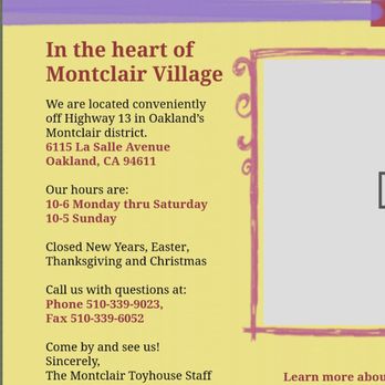 Montclair Toyhouse - Website hours - Toy Stores Near Me - Oakland, California Montclair Toyhouse - Website hours - Toy Stores Near Me - Oakland, California