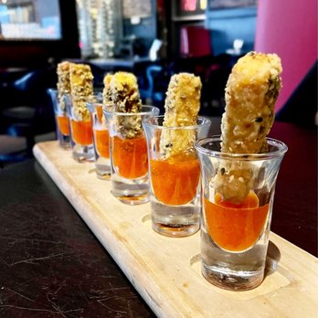 Showshaa - The Modern Taproom - a row of shot glasses filled with food - Tapas Bars Near Me - Surrey, British Columbia
