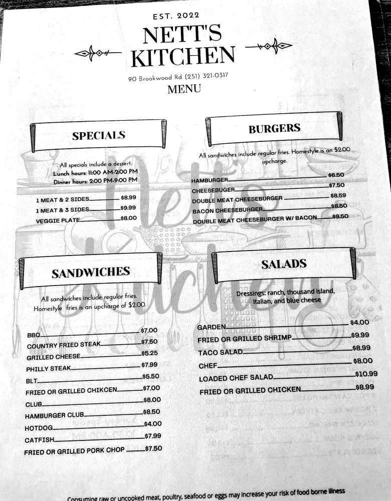 NETT’S KITCHEN Updated June 2024 90 Brookwood Rd, Atmore, Alabama Salad Restaurant