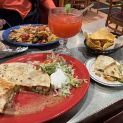El Loro Mexican Restaurant - Shrimp Quesadilla, chips, strawberry margarita