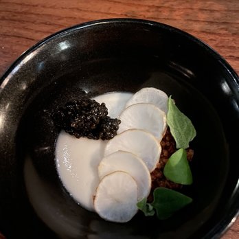 Lazy Bear - Sunchoke Custard w/ Fried Sunchokes, Fresh Sunchoke Slices, California White Sturgeon Caviar - New American Near Me - San Francisco, California