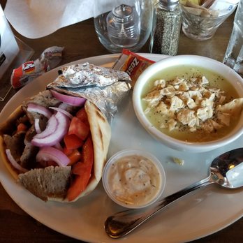 Olympic Cafe - Gyro sandwich and some type of chicken soup. - Mediterranean Near Me - San Diego, California Olympic Cafe - Gyro sandwich and some type of chicken soup. - Mediterranean Near Me - San Diego, California