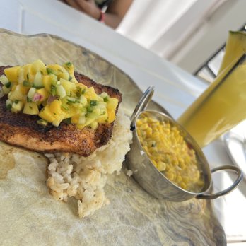 Hook & Barrel - Blackened Salmon with Carolina gold rice, creamy corn, pineapple mango salsa - Seafood Near Me - Myrtle Beach, South Carolina