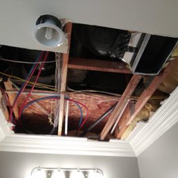 This is the result of the water damage in our bathroom ceiling after a Champion Aire tech bypassed a sensor, which allowed water to overflow This is the result of the water damage in our bathroom ceiling after a Champion Aire tech bypassed a sensor, which allowed water to overflow