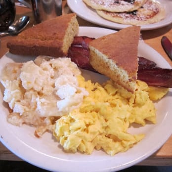 The Peach Cafe - Three Eggs, Nueske Bacon, Cornbread and Scalloped Potatoes - New American Near Me - Monrovia, California The Peach Cafe - Three Eggs, Nueske Bacon, Cornbread and Scalloped Potatoes - New American Near Me - Monrovia, California