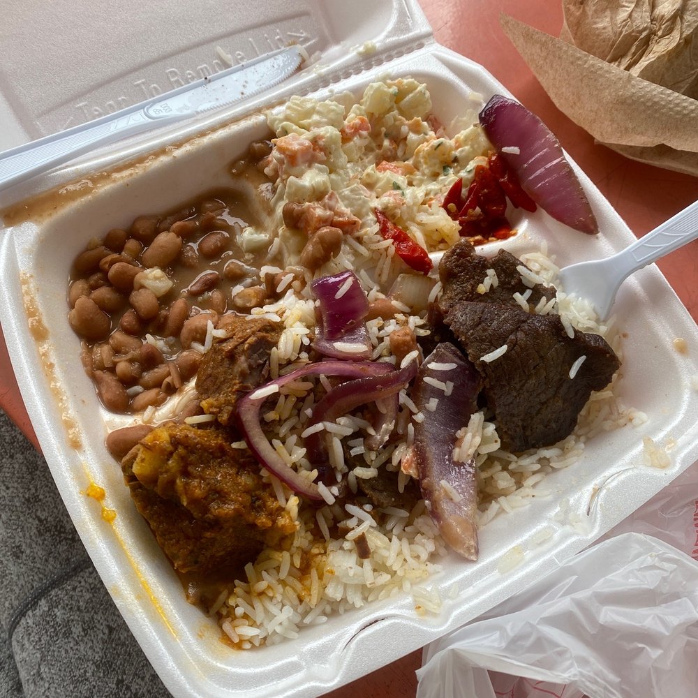 Steak, rice, beans, potatoes salad Steak, rice, beans, potatoes salad