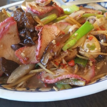 Moo Dang - Ginger and 3 Mushrooms....a stir fry dish featuring their signature red pork. - Thai Near Me - Reno, Nevada Moo Dang - Ginger and 3 Mushrooms....a stir fry dish featuring their signature red pork. - Thai Near Me - Reno, Nevada