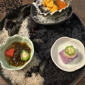 Gurume Sushi - Appetizer for omakase course, seaweed on the left, oyster with uni and ikura on top and ..some sort of jello texture with shrimp n okra - Japanese Near Me - Irvine, California Gurume Sushi - Appetizer for omakase course, seaweed on the left, oyster with uni and ikura on top and ..some sort of jello texture with shrimp n okra - Japanese Near Me - Irvine, California
