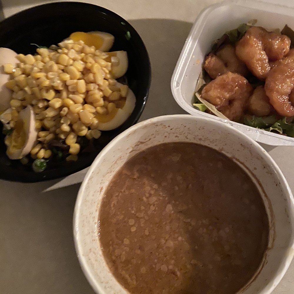 JINYA Ramen Bar - Katy - Tokyo Tonkatsu Ramen with corn and an extra egg; and Spicy Creamy Shrimp Tempura small plate. - Ramen Near Me - Katy, Texas