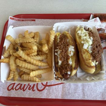 Dairi-O - Hotdogs with chili, coleslaw and onions with French fries - Desserts Near Me - Kernersville, North Carolina