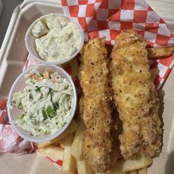 Bayview Deli & Bakery - Fish and chips 2 pc, fries, cilantro coleslaw, tartar and pickle spear $15.99