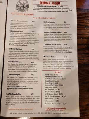 Menu photo 1 Vix Creek Saloon Arroyo Grande, CA