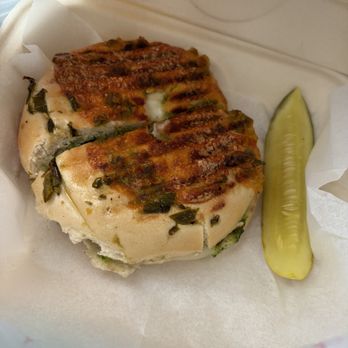New York Bagels - chicken pesto on a jalapeno cheddar bagel - Bagels Near Me - San Diego, California New York Bagels - chicken pesto on a jalapeno cheddar bagel - Bagels Near Me - San Diego, California