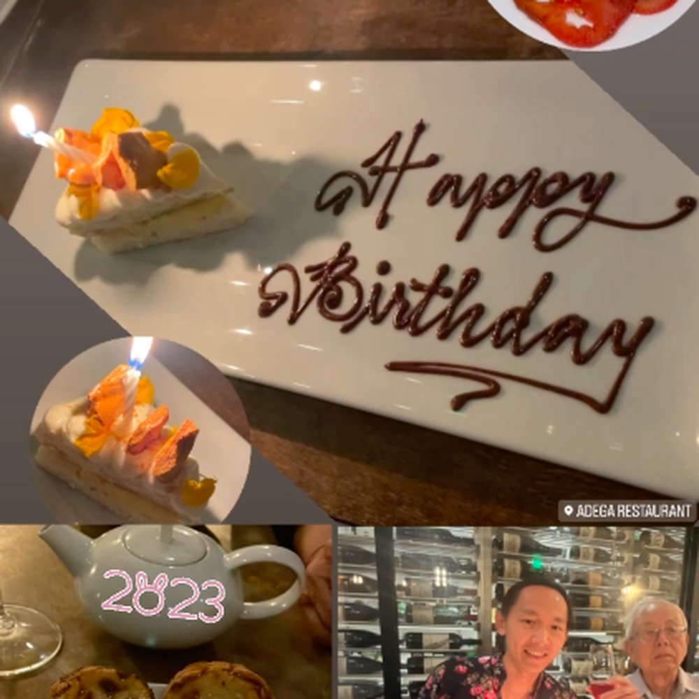 ADEGA Restaurant - Birthday cake slice and egg tarts. All desserts come from their own pastry shop - Portuguese Near Me - San Jose, California