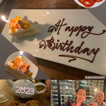 ADEGA Restaurant - Birthday cake slice and egg tarts. All desserts come from their own pastry shop - Portuguese Near Me - San Jose, California