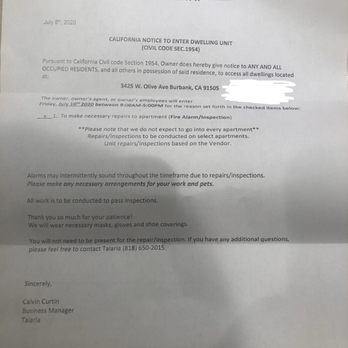 Talaria - Dated 7/8/2020... but they waited until this afternoon  (7/9/2020) to deliver it. What happened to 24 hour notice to residents?! - Apartments Near Me - Burbank, California