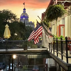 208 Wine Bar - Outside the front door, looking west just after sunset. Savannah City Hall.