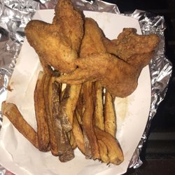 Wings & a Prayer - Frat chicken wings with fresh cut french fries and fish with macaroni and cheese and Fresh Yams