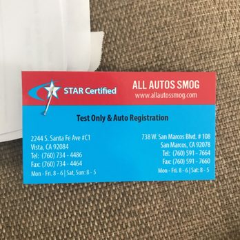 All Autos Smog - I attached their business card that was attached to the smog certificate to show that they are currently advertising Smog & registration. - Smog Check Stations Near Me - San Marcos, California All Autos Smog - I attached their business card that was attached to the smog certificate to show that they are currently advertising Smog & registration. - Smog Check Stations Near Me - San Marcos, California