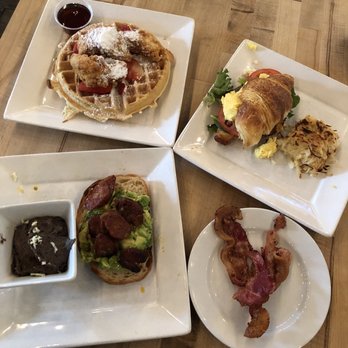 Adair Kitchen - Chicken And Waffles, Egg Croissant, Avocado Chorizo Toast & a side of bacon - New American Near Me - Houston, Texas Adair Kitchen - Chicken And Waffles, Egg Croissant, Avocado Chorizo Toast & a side of bacon - New American Near Me - Houston, Texas