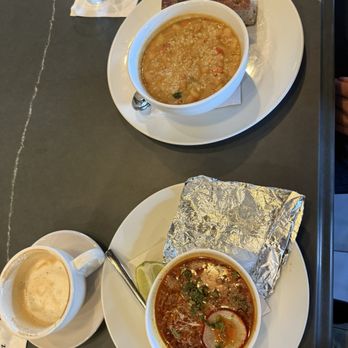 Eden - Top: Tuscan White Bean & Kale soup; bottom: Pozole Rojo - New American Near Me - Chicago, Illinois