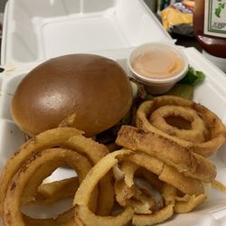 Mock ‘N’ Roll - Mushroom Swiss burger with onion rings