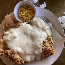 NGO'S Dine In - Chicken Fried Steak with corn and mashed potatoes.  Delish