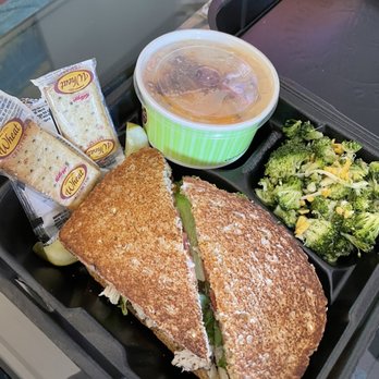 Chicken Salad Chick - Fancy Nancy on wheat berry bread, broccoli salad, loaded potato soup, pickle spear and crackers - Southern Near Me - Cary, North Carolina