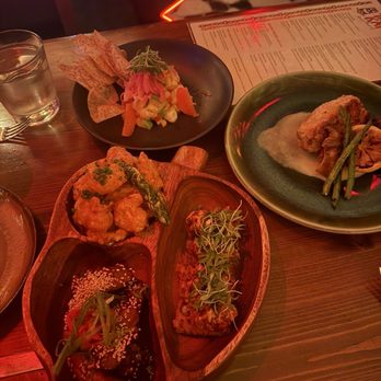 Tiki Kai - 3 Pupus Platter (Sticky Ribs, Crispy Rice, Firecracker Shrimp), Tropical Ceviche, Macadamia Mahi Mahi - Tiki Bars Near Me - Hermosa Beach, California Tiki Kai - 3 Pupus Platter (Sticky Ribs, Crispy Rice, Firecracker Shrimp), Tropical Ceviche, Macadamia Mahi Mahi - Tiki Bars Near Me - Hermosa Beach, California