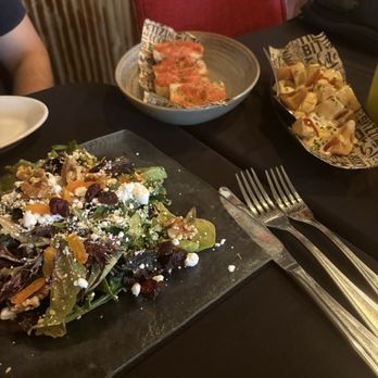 Vizcaya SoHo - Salad, crostini with tomato and Patatas Bravas - Spanish Near Me - Tampa, Florida Vizcaya SoHo - Salad, crostini with tomato and Patatas Bravas - Spanish Near Me - Tampa, Florida