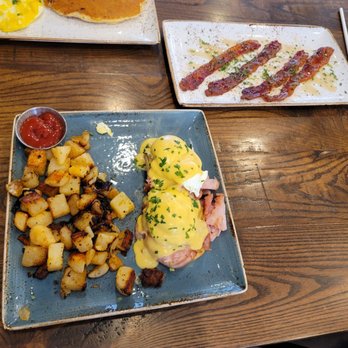 First Watch - Ham Egg   Benedict with potatoe & side of Million dollar  Bacon - American Near Me - Jacksonville, Florida