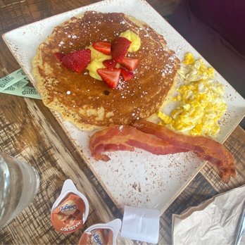 First Watch - Lemon ricotta pancake with a side of scrambled eggs & bacon - Breakfast & Brunch Near Me - Mesa, Arizona First Watch - Lemon ricotta pancake with a side of scrambled eggs & bacon - Breakfast & Brunch Near Me - Mesa, Arizona