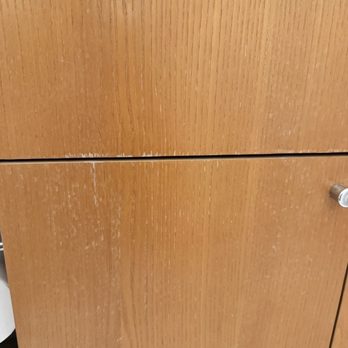 C&D Refinishings - Bathroom cabinet before. Worn & faded with water damage. - Refinishing Services Near Me