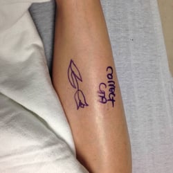 Agility Orthopedics - Day of ankle arthroscopy. Doctor wrote "correct" on my leg and drew me a flower to make me smile / ease my anxiety.
