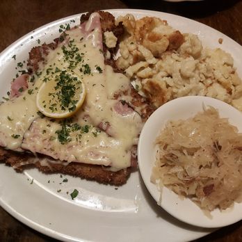 Cafe Rustika - Schnitzel cordon bleu with spätzle and sauerkraut - German Near Me - Richmond, Virginia Cafe Rustika - Schnitzel cordon bleu with spätzle and sauerkraut - German Near Me - Richmond, Virginia