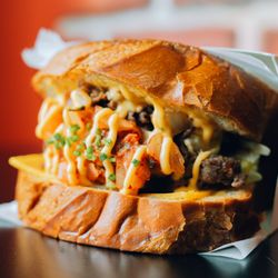 The Enforcer filled with bulgogi, kimchi, and fried egg.