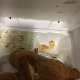 3 piece Catfish with styrofoam attached plate with hot cold slaw and onion rings. 13 dollars! Unbelievable! 3 piece Catfish with styrofoam attached plate with hot cold slaw and onion rings. 13 dollars! Unbelievable!